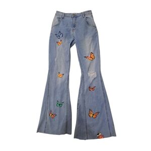 Fashion Nova Light Blue Flare Jeans with Colorful Butterfly Embroidery